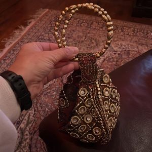 NWOT Stunning Afghani Jeweled Purse with Gold Round Handles and Zipper Closure.